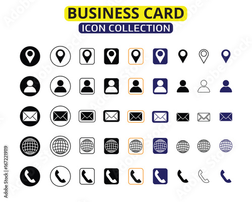 Business Card Icon Collection – Contact, Location, User, Mail, Web, and Phone Symbols Set