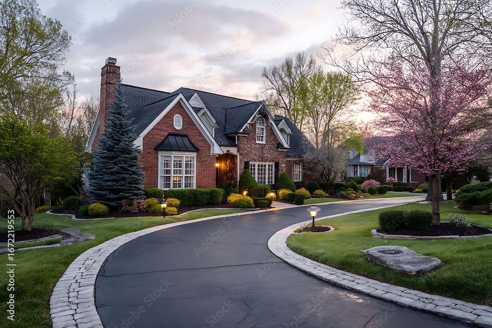 custom made wallpaper toronto digitalA curved asphalt driveway in front of a red brick house, surrounded by green grass and well-maintained landscaping, creating a welcoming and picturesque home exterior.