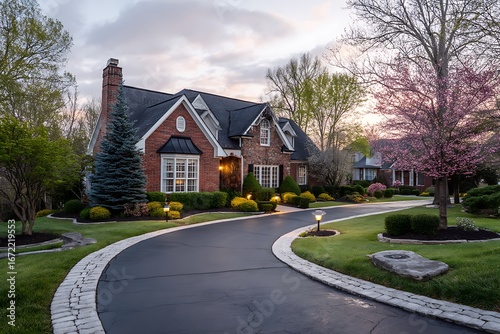 Wallpaper Mural A curved asphalt driveway in front of a red brick house, surrounded by green grass and well-maintained landscaping, creating a welcoming and picturesque home exterior. Torontodigital.ca