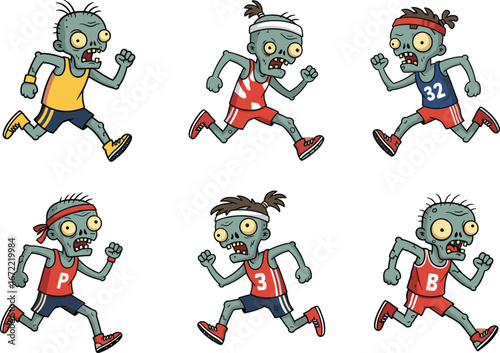 Cartoon zombie running athletes in colorful sportswear and headbands, funny undead marathon runners, energetic zombie characters jogging, Halloween fitness illustration set