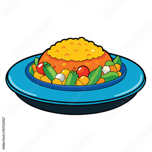 Cartoon Plate of Rice Pilaf with Mixed Vegetables and Tomatoes food dish