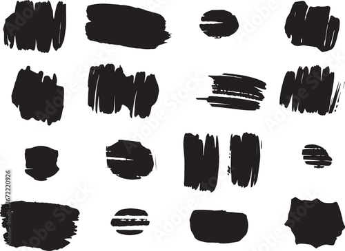Brush set. Vector black paint brush spots, highlighter lines or felt-tip pen marker. Ink smudge abstract shape stains and smear set with texture