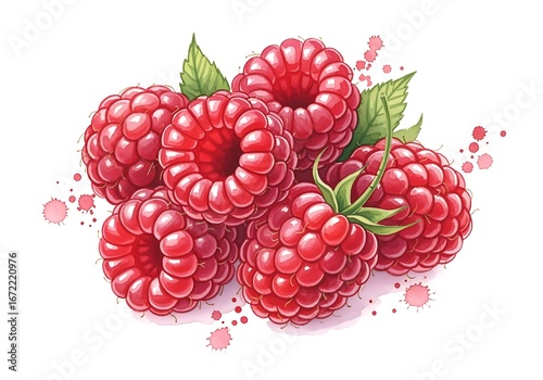 Watercolor Illustration of Ripe Raspberries with Green Leaves