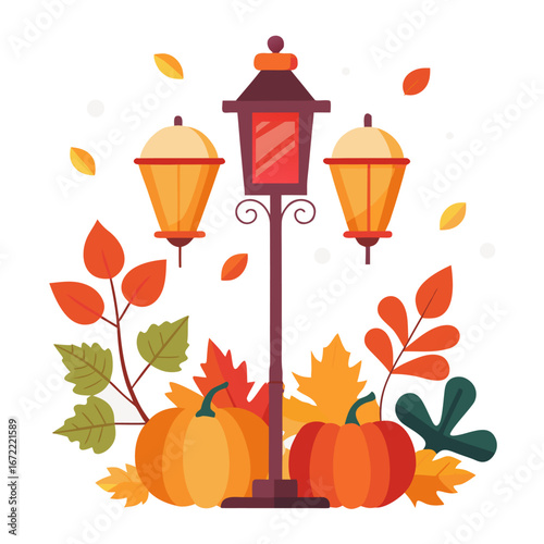 Autumn street lamp decorated with falling leaves