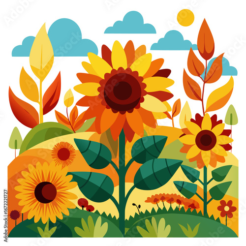 Vibrant sunflower field in autumn colors