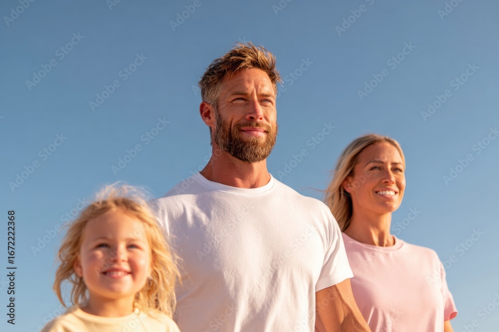 Fototapeta premium Smiling family stands together under bright blue sky, radiating