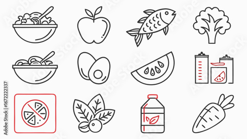 healthy food set, Vegetable dish, poke bowl food and healthy salad set. Meal line icons. Pizza, pasta spaghetti bowl and burger line icons. Breakfast meal, vegetable salad and fish. 