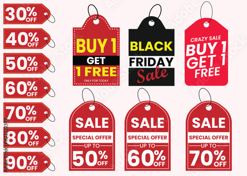 Collection of red and black sale tags with percentage discounts and special offers