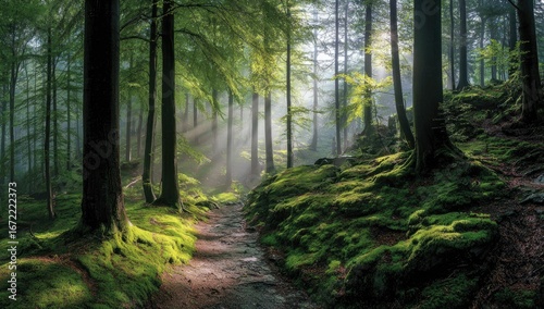 Sunbeams pierce a misty forest path