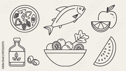 healthy food set, Vegetable dish, poke bowl food and healthy salad set. Meal line icons. Pizza, pasta spaghetti bowl and burger line icons. Breakfast meal, vegetable salad and fish. 