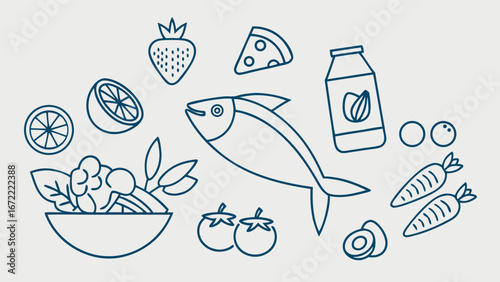 healthy food set, Vegetable dish, poke bowl food and healthy salad set. Meal line icons. Pizza, pasta spaghetti bowl and burger line icons. Breakfast meal, vegetable salad and fish. 