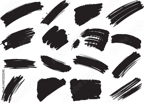 Brush set. Vector black paint brush spots, highlighter lines or felt-tip pen marker. Ink smudge abstract shape stains and smear set with texture