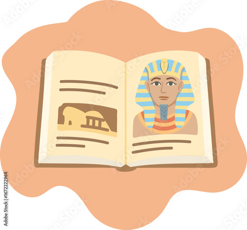 Hand drawn vector illustration with book about history, ancient Egypt pages, Pharaoh