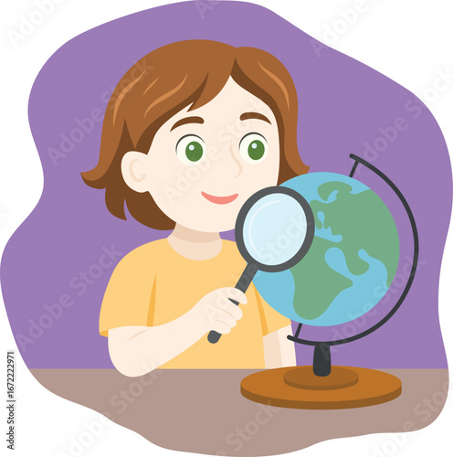 Hand drawn vector illustration with girl, globus and magnifying glass