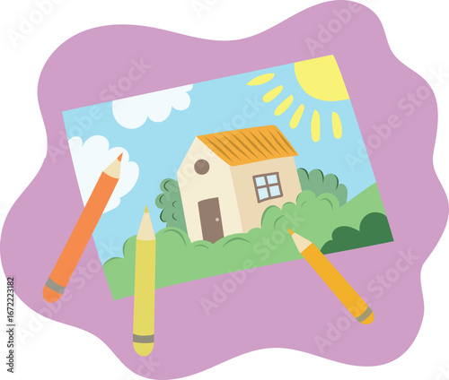 Hand drawn vector illustration of children painting with house, cartoon style