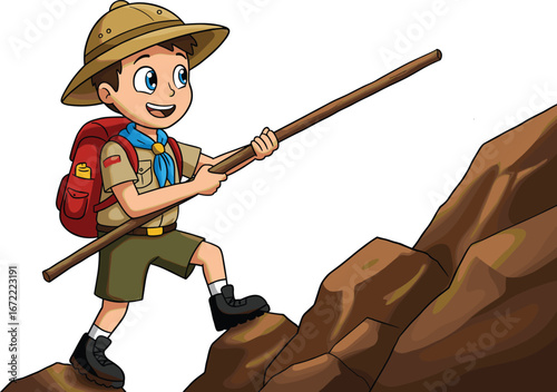 Cartoon boy scout hiking on mountain, holding stick, outdoor adventure, explorer uniform, backpack, smiling kid, nature travel concept