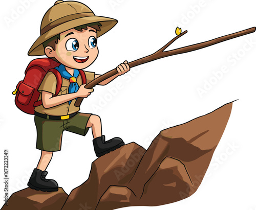 Cartoon boy scout hiking on mountain, holding stick, outdoor adventure, explorer uniform, backpack, smiling kid, nature travel concept