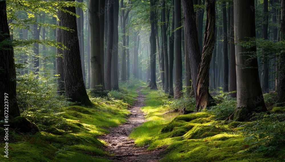 Fototapeta premium Sunlit path through a dense forest