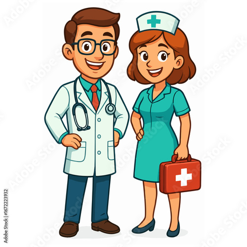 Friendly cartoon healthcare professionals, a male doctor and female nurse, representing medical services and patient care