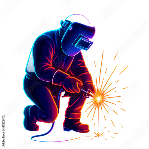 A detailed illustration of a welder in protective gear, creating sparks while working on metal.