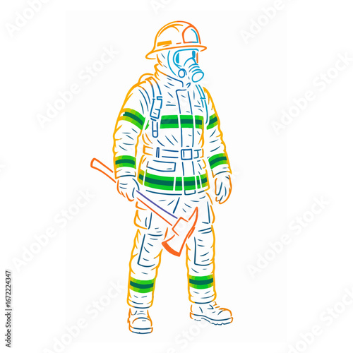 A stylized illustration of a firefighter in full gear holding an axe, with colorful outlines.