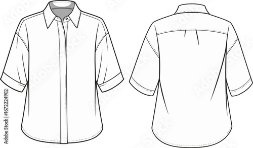 Short Sleeve Button-Up Shirt Front and Back View Fashion Flat Sketch with Collar, Cuffs, Yoke and Pleat Detail"