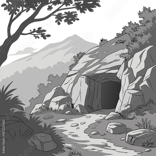 Illustration of a cave entrance in a mountain landscape with trees and rocks, creating a scene of nature, adventure, and exploration in a rural setting