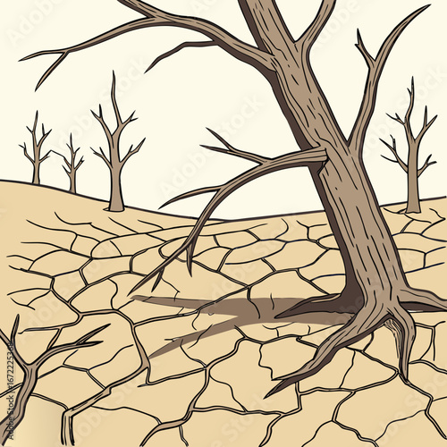 Illustration of a cracked dry land with dead trees, depicting the effects of drought and climate change on the environment and the landscape
