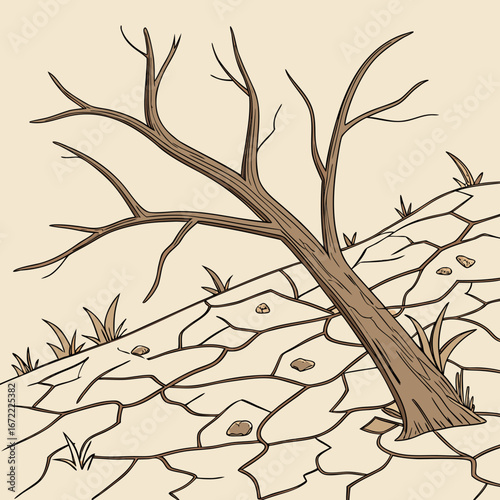 Illustration of a droughtstricken landscape with cracked soil and a bare tree, symbolizing climate change and environmental disaster in a vector graphic design