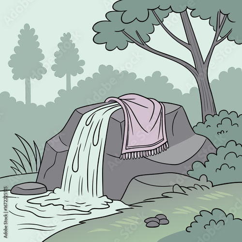 Illustration of a waterfall cascading over rocks in a forest, with a towel draped on a stone, creating a peaceful and serene nature scene