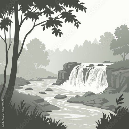 Illustration of a waterfall cascading down rocks into a river surrounded by trees and forest in a natural landscape