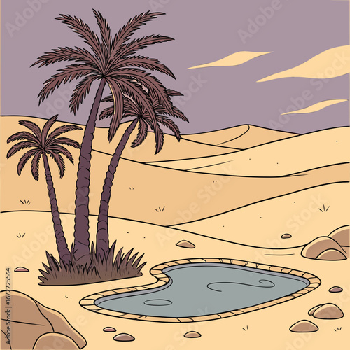 Illustration of an oasis with palm trees and a pool of water in a desert landscape with sand dunes and a cloudy sky