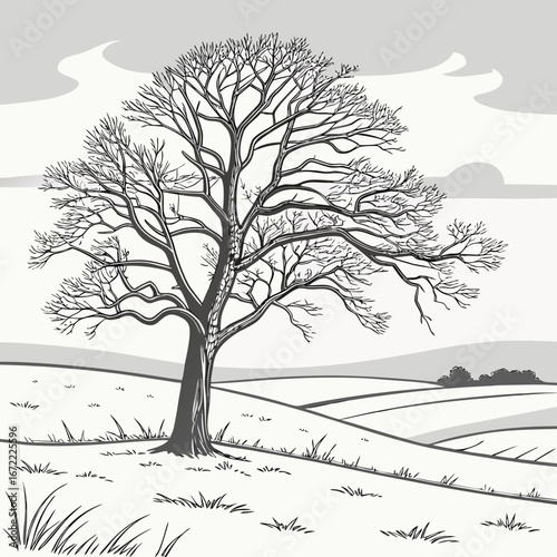 Vector art of a bare tree in a winter landscape with rolling hills, fields, and a cloudy sky, creating a serene and peaceful scene