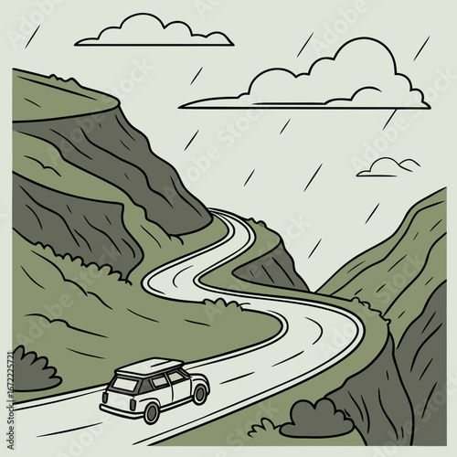 Vector art of a car driving on a winding road through mountains under a cloudy sky, capturing the essence of a scenic and adventurous journey