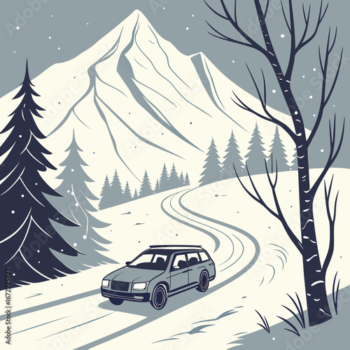 Vector art of a car driving on a snowy road through a winter landscape with mountains and trees, offering a scenic view of nature and travel adventure