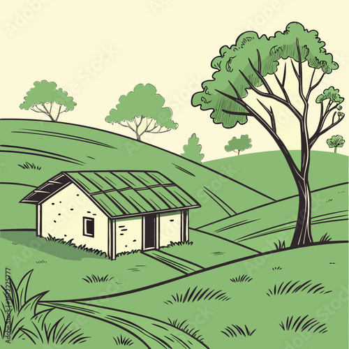 Vector art of a charming countryside scene featuring a quaint house nestled on a green hill, surrounded by trees and a picturesque landscape, drawn in a cartoon style
