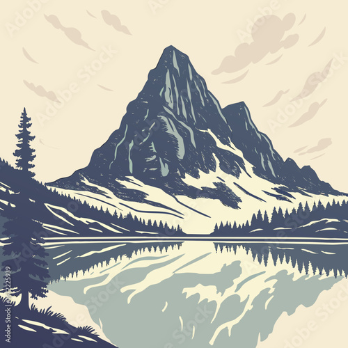Vector art of a majestic mountain reflected in a serene lake, surrounded by pine trees, creating a peaceful and scenic landscape, perfect for travel and tourism