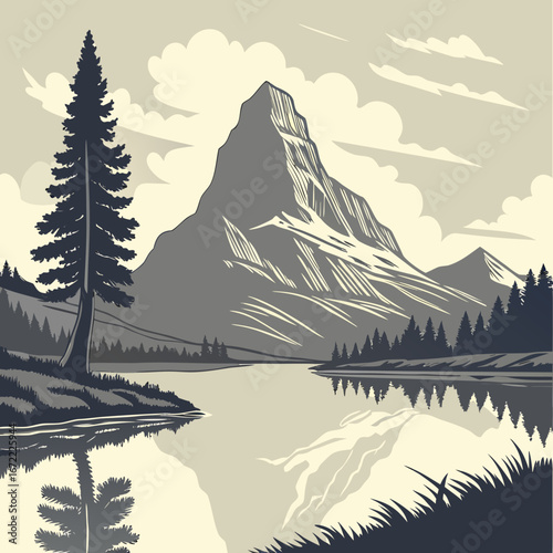 Vector art of a majestic mountain reflected in a tranquil lake, surrounded by lush forests and rolling hills, creating a breathtaking landscape and a sense of adventure