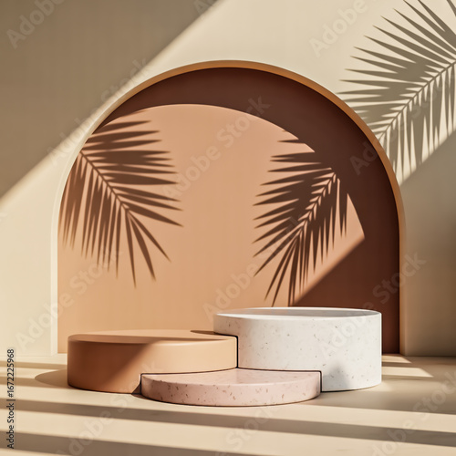 3D Product Display Podium with Palm Leaf Shadows