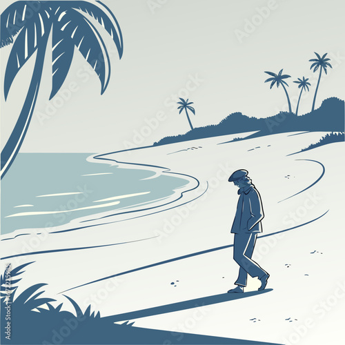 Vector art of a man walking alone on a tropical beach with palm trees, sea, and sand, creating a serene and melancholic scene in a coastal landscape