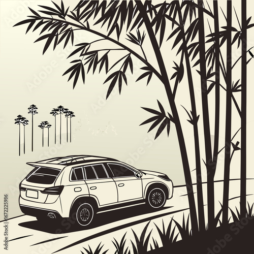 Vector art of a modern suv driving along a road lined with bamboo trees, blending nature with automotive design, creating a sense of adventure and exploration in the outdoors
