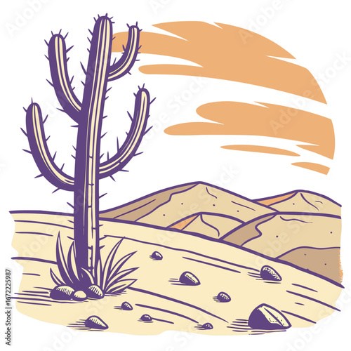 Vector art of a minimalist vector illustration of a desert landscape featuring a cactus, mountains, and a setting sun, capturing the serene beauty of the arid environment