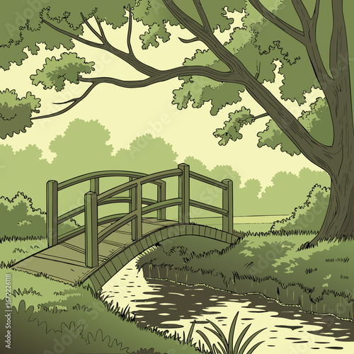 Vector art of a picturesque wooden bridge spans a gentle river in a serene landscape, surrounded by lush greenery and trees, creating a tranquil and idyllic scene