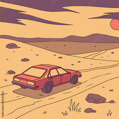 Vector art of a red car drives through a desert landscape at sunset, with sand dunes, mountains, and a cloudy sky