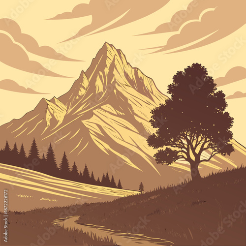 Vector art of a scenic mountain landscape with a winding path, a solitary tree, and a backdrop of rolling hills and a cloudy sky, creating a serene and picturesque view