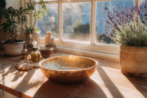 Serene Kitchen Scene with Decorative Bowl, Sunlight Streaming Through Window, Herbs and Aromatic Plants on Rustic Wooden Countertop