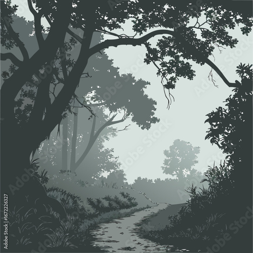 Vector art of a serene forest path winds through a misty landscape, with trees casting shadows and sunlight filtering through the foliage, creating a tranquil and natural scene
