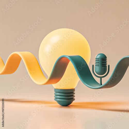 3D Lightbulb and Microphone Concept Creative Idea and Podcast Communication