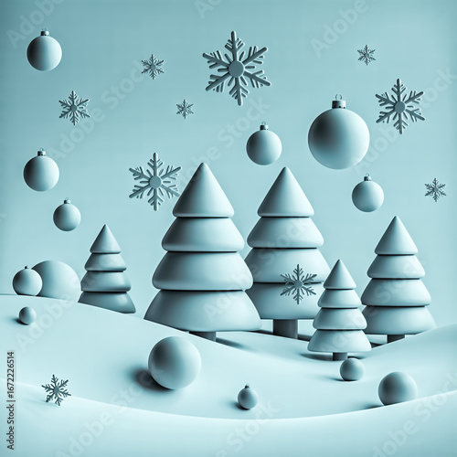 Minimalist Blue Christmas Scene with 3D Trees
