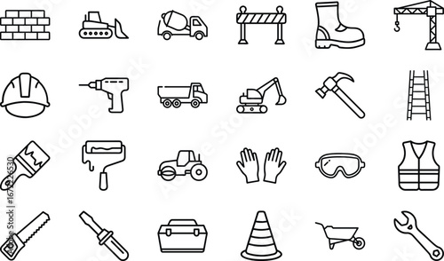 Construction equipment and safety gear icons set on white background brick wall